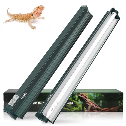 Image of T5 Reptile Light Fixture Green Combo Kit 24W Light Fixture Reptile Terrarium Hood 10.0 UVB Light Bulb Fluorescent Tube Ideal for Tropical and Deserts Such as Bearded Dragon Lizards and Tortoises