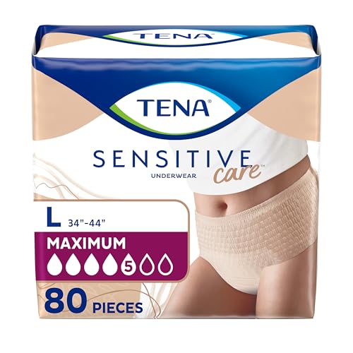 Image of Tena Sensitive Care Incontinence Underwear for Women, Maximum Absorbency, Adult Diapers, Large (Waist Sizes 34in-44in), 80 Count (4 Packs of 20)