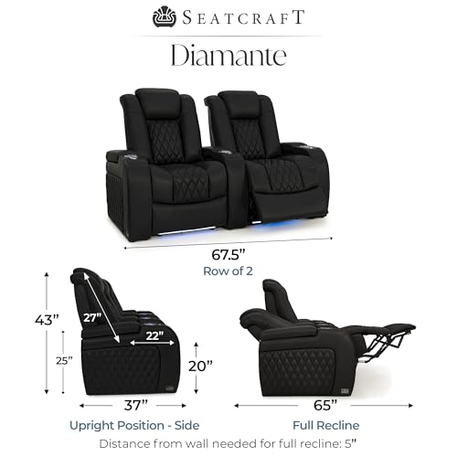 Image of Seatcraft Diamante Black Italian Leather Home Theater Seating, Zero Gravity Power Recliner Gaming and Home Office Chair, Powered Headrest Lounge Sofa Furniture for Cinema Room, Row of 2