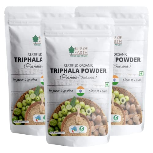 Bliss of Earth Organic Triphala Powder Ayurvedic Churna Herbal Blend of Harad Bahad & Amla Helps in Digestion & Bowel Movement 100gm Pack of 3