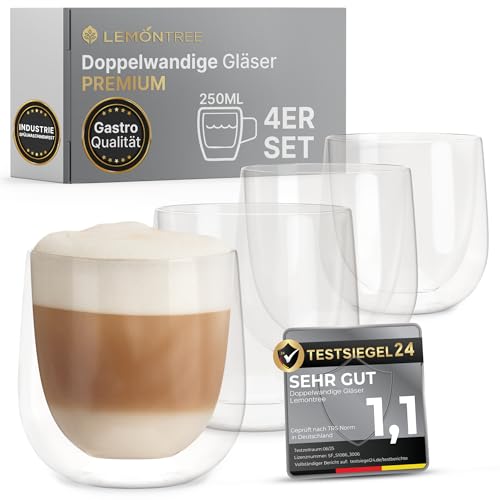 Lemontree 4er Set Cappuccino Tassen 250ml - Gastronomie Qualität - 180 Grad spülmaschinenfest und hitzebeständig - Cappuccino Gläser Modern - doppelwandige Kaffeegläser