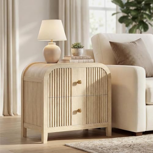 ModernMate Modern 2-Drawer Nightstand with Wave-Fluted Front & Curved R-Angle Top, Thickened Wood Bedside Table with Brushed Copper Pulls for Bedroom