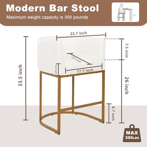 Image of 26 inch Counter Height Bar Stools Set of 1, Faux Leather Upholstered Barrel Chairs with Back and Arms, Metal Frame Kitchen Island Stools with Footrest, Cream-Gold Frame
