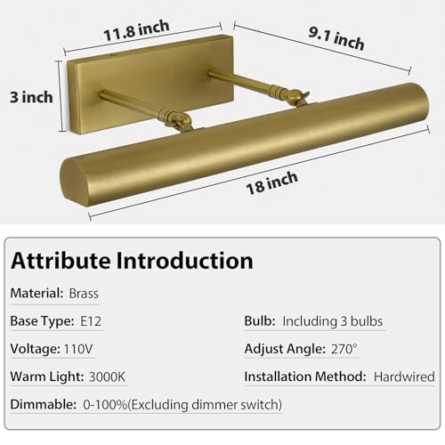 Picture Light, 18inch Brass Picture Lights for Wall,Hardwired Brushed Gold Picture Lights,270° Rotatable Wall Lights for Pictures, 3-Light Picture Frame Light for Painting Display Artwork Portrait
