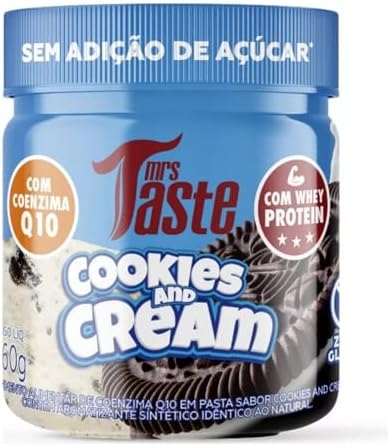Pote de creme de cookies and cream com tampa azul e rótulo colorido
