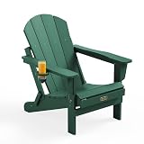 SERWALL Folding Adirondack Chair Outdoor Adirondack Chairs with Cup Holder Weather Resistant Patio Chair Weather Resistant for Patio Deck Garden, Backyard Deck, Fire Pit - Green