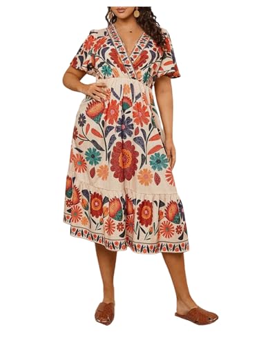 Image of Floerns Women's Plus Size Boho Hawaiian Tropical Dresses V Neck Short Sleeve Floral A Line Long Dress Vacation Beach Outfits