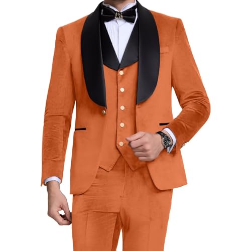 Wehilion Men's 3 Piece Velvet Tuxedo Suit Slim Fit Shawl Collar Blazer for Performances Party Wedding Jacket Vest Pants