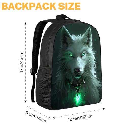 Wolf Backpack for Boys Kids, Cool White Wolf with Green Eyes School Bookbag for Kindergarten Elementary Middle High Students, Waterproof Cartoon Animal Backpacks Laptop Bags 17"2