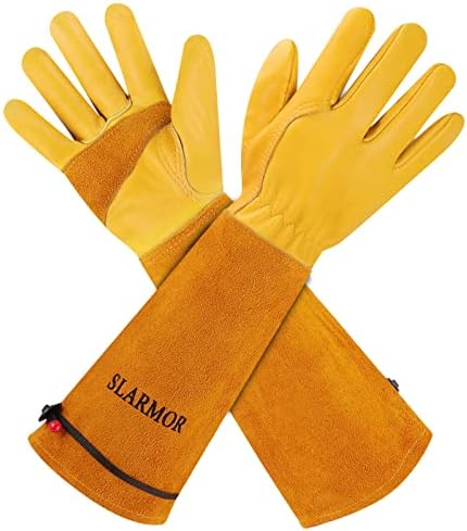 SLARMOR Leather Gardening Gloves for Men and Women, Thorn-Proof for Pruning Roses, with Forearm Protection, Long Cowhide Work Gloves for Garden and Household Tasks, Size XL, Yellow : Amazon.de