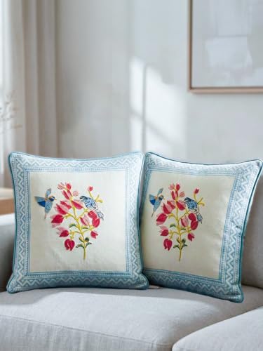 Image of Bougainvillea Hand Block Print 100% Cotton Fabric Cushion Covers 16 x 16 Inches | Decorative Throw Pillow Covers for Sofa, Bed & Living Room | Soft & Durable Jaipuri Cushion Cover | Set of 2