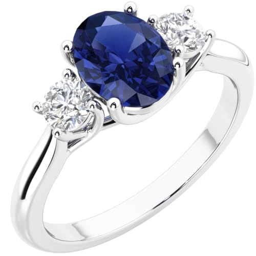 PEORA 3-Stone Oval Shape Created Blue Sapphire and Lab Grown Diamond Trellis Ring 14K White or Yellow Gold, 2.10 Carats total, Sizes 4 to 10