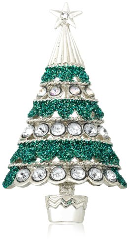 Green Christmas Tree Pin with White Crystal Accent by Margot Townsend