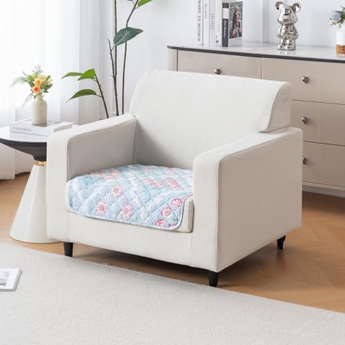 Image of House of Quirk 'Mughal Series' Printed Quilted Sofa Cover for 1 /2 /3 /4 Seater - Anti-Slip, Washable Couch Protector Slipcover (One Seater, Gulshan Sky, 80x60 cm)