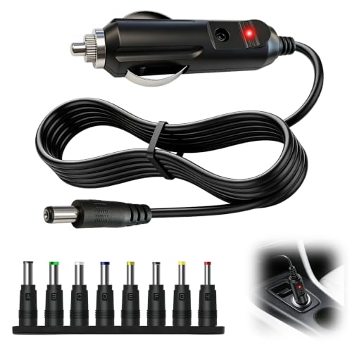 12V 5A Adaptateur Voiture, Chargeur Universel DC 5,5x2,1 mm avec 8 Embouts, Prise Allume-Cigare pour GPS, Lecteur DVD, Caméra, Tablette, LED, Moniteur,...