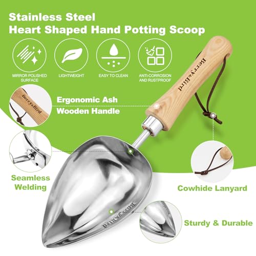 Image of Berry&Bird Garden Oversized Soil Scoop, Stainless Steel Gardening Trowel with Wood Handle Multi Function Hand Shovel Spade Spoons for Transplanting, Planting & Cultivation