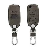 kwmobile Car Key Cover Compatible with VW Skoda SEAT 3 Button Car Key - Synthetic Nubuck Leather Fob Cover - Meow Cat Grey/Black