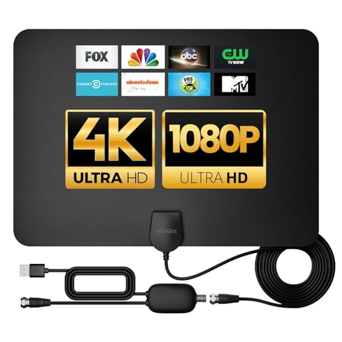 GEARit High-Gain Flat Indoor Long Range HDTV Antenna for Local Channels - Supports 4K 1080P - OTA Digital Antenna w/Omni-Direction Signal Reception - 9.8ft Coax Cable - Black