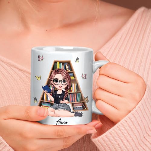 Image of Personalized Books Lover Mug, 11oz 15 oz Ceramic Coffee Cup, Just A Girl Who Loves Reading Books Design, Gift for Women Readers, Christmas (Alphabet-Girl)
