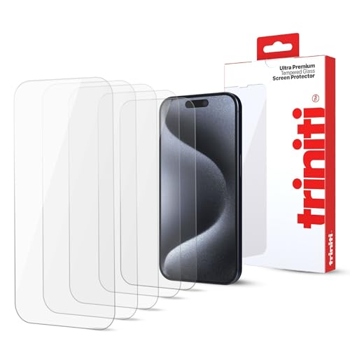TRINITI 5-Pack, Full Coverage Screen Protector designed for iPhone 15 Pro, 6.1-Inch, Anti Scratch, Impact Protection, 9H Hardness Tempered Glass Film Case-Friendly, HD Clear
