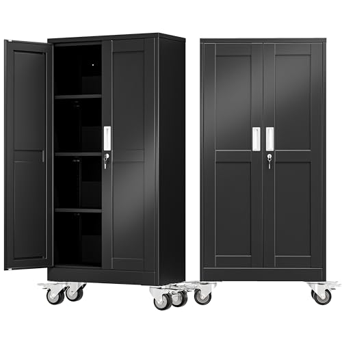 AUEYTVR 61" Tall Metal Garage Storage Cabinet with Wheels and Locking Doors and Tall Rolling Steel Tool Cabinet with 3 Adjustable Shelves for Garage,Home,Office,Shop (Black)