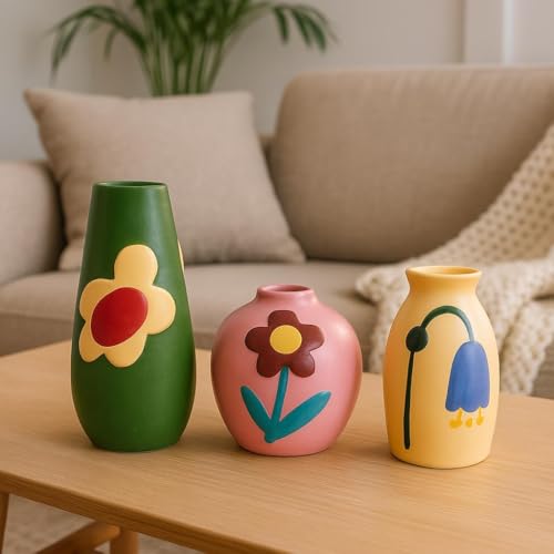 Image of Amazon Basics Handcrafted Artistic Flower Pot Set | A Masterpiece of Color & Creativity | Bring Life to Your Home Decor Pack of 3, Multicolor, Ceramic