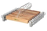 Ollieroo 10PK High Grade Solid Gugertree Wooden Pants Skirt Hangers Wood Trouser Slacks Hangers with Polished Chrome Hook and Adjustable Chrome Clips