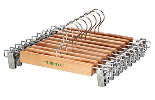 Ollieroo 10PK High Grade Solid Gugertree Wooden Pants Skirt Hangers Wood Trouser Slacks Hangers with Polished Chrome Hook and Adjustable Chrome Clips