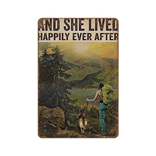 Apular Liefde hond poster liefde camping poster en ze leefde gelukkig ooit na vintage poster vintage meisje hond camping poster liefde hond cadeau nieuwigheid retro metalen tinnen bord 20 x 30 cm