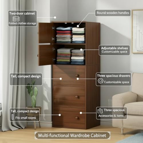 Image of EXVITO Engineered Wood Wardrobe for Bedroom | Foldable 5-Shelf Wooden Storage Cabinet | Cupboard Almirah for Clothes | Collapsible Wardrobe | Space Saving Wooden Cabinet - Walnut