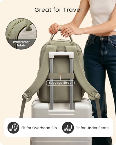 Image of LOVEVOOK Laptop Backpack for Women with Giant Tumbler Holder Pocket, 15.6 inch Travel Work Backpack Purse for Teacher Nurse, Waterproof College Book Bag Cute Casual Daypack, Beige-Green