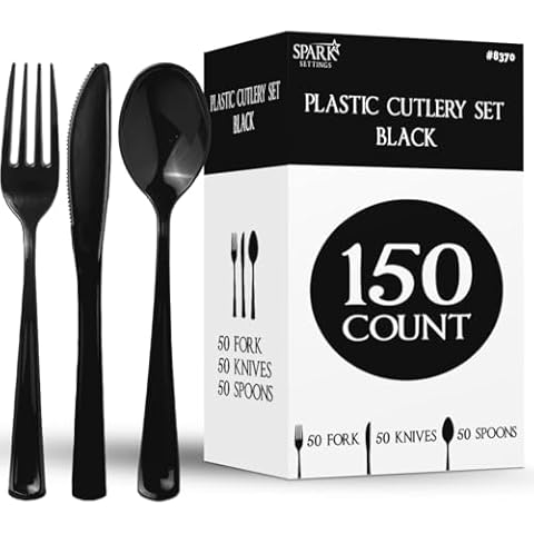 150 Pack Plastic Silverware Heavy Duty, Black Disposable Cutlery, 50 Spoons, 50 Forks, 50 Knives, Plastic Utensils Set for Home Office School Party Picnics Weddings & More - SparkSettings Cover