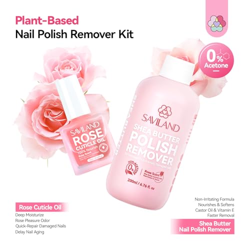 SAVILAND Plant-Based Nail Polish Remover Kit: 6.76 fl.oz Non Acetone Fingernail Polish Remover Shea Butter Nail Remover with Castor Oil VE Cuticle Oil & Nail Removal Tools for All Nail Polish Types