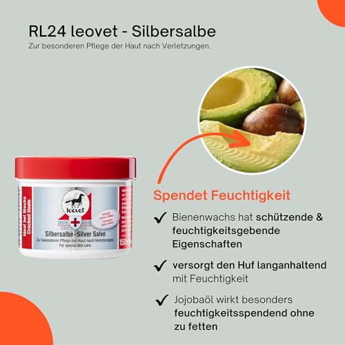 RL24 – leovet Silbersalbe – Pferdesalbe mit Silber, Panthenol & Zink – antiseptischer Pferdebalsam – Salbe mit hochwertigen Pflanzenölen – Haut- & Hufpflege – Wundsalbe ideal bei Mauke – 1 x 150 ml