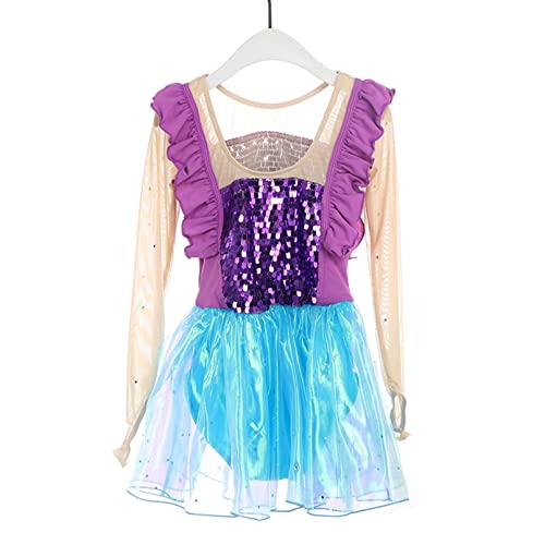 Vestido de patinaje con lentejuelas brillantes y mangas con sujeción para danza