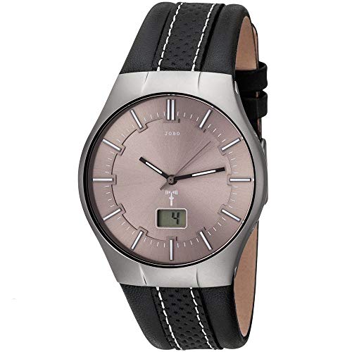Preisvergleich Produktbild JOBO Herren Armbanduhr Funk Funkuhr Edelstahl Lederband schwarz Herrenuhr Datum