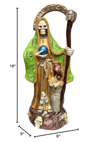 Statues Mario's Collection 16"" Gold Lady of The Holy Death Cover in Money Veil La Santa Muerte Moon on Hand with Pesos Bag Made in Mexico preparadas.3