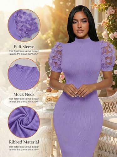 Image of Annystore Women's Mesh See Through Sheer Dress Short Puff Sleeve Bodycon Dress Mock Neck Sexy Club Party Midi Dress Clubwear
