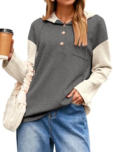 Glamaker Women's Oversized Button Down Cable Knit Hoodies Long Sleeve Patch Work Spliced Pullover Hooded Sweatshirts 2025