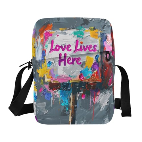 Text Love Lives Here small messenger bag for men Crossbody Bags For Women Small Casual Everyday Purse Adjustable Strap for Outdoor Daily Travel
