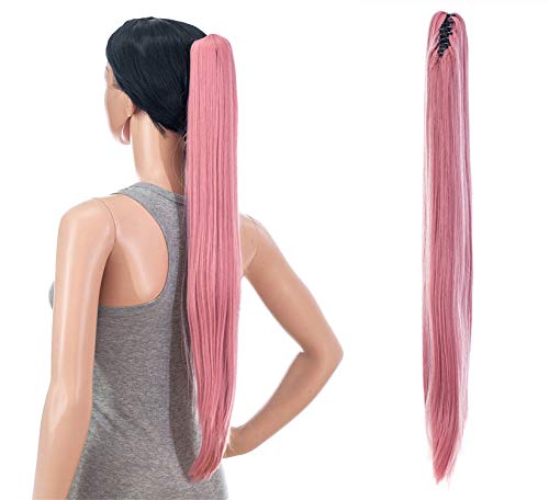 SWACC 28-Inch Long Straight Claw Clip Ponytail Extensions Synthetic Hair Extensions Ponytail Jaw Clip Hair Pieces for Women (Pink)