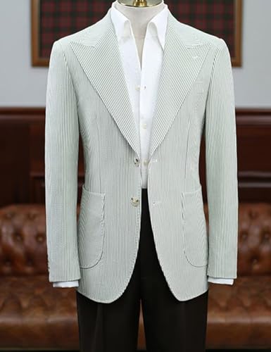 Mens Seersucker Single Breasted Blazer Jacket Slim Fit Peak Lapel Striped Sport Coats for Wedding Party2