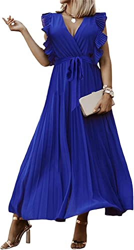 Robe plissée femme col en V robe d'été bohème bleue sans manches taille S