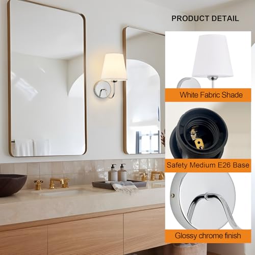 Image of Modern Hardwired Chrome Wall Sconces Set of 2 Lighting Fixture, E26 Industrial Vintage Wall Light Pack Wall Lamp Bathroom Decor for Bedroom Living Room, Silver Finish Wall Sconces
