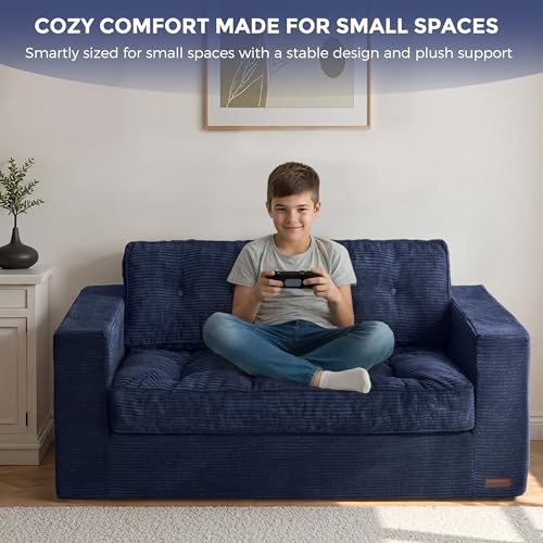 Image of MAXYOYO Loveseat Sofa Couch, Upholstered Bean Bag Chair Cloud Seat for Adults, Boneless Couch with Cushion & Pillows, Sofa in A Box, No Assembly Required, Corded Navy, 2-Seat