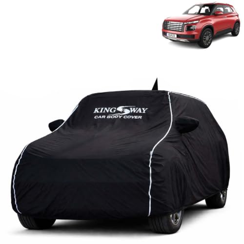 Image of KINGSWAY Super Waterproof Car Cover Only with Hyundai Venue (Year 2022 to 2025 - All Model) | Mirror and Antenna Pockets | All Weather Car Body Cover with Silver Piping | Black