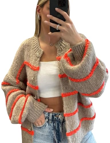 Image of QIBABU Womens Striped Cardigan Sweaters Casual Open Front Long Sleeve Button Down Knit Outwear(2132-Brown-S-QB)