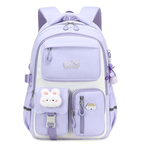 Amythe Mochila Escolar Niña, Mochila Infantil Ligera de Nailon para Chicas 8 a 14 años, Mochilas Kawaii Escolares con Colgante, Ideal para Colegio y Viajes, Morado
