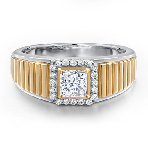 Gem Stone King 925 Silver and 10K Yellow Gold 5MM Princess Cut Gemstone Birthstone and 1.2MM Round White Lab Grown Diamond Statement Ring For Men | Available in Size 7-133