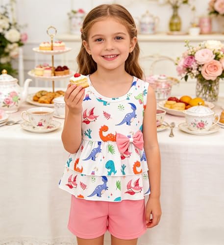 Image of Girls 2 Piece Outfit Summer Short Set Sleeveless Bow Knot Tank Top and Shorts Cute Clothes for Toddler Girls